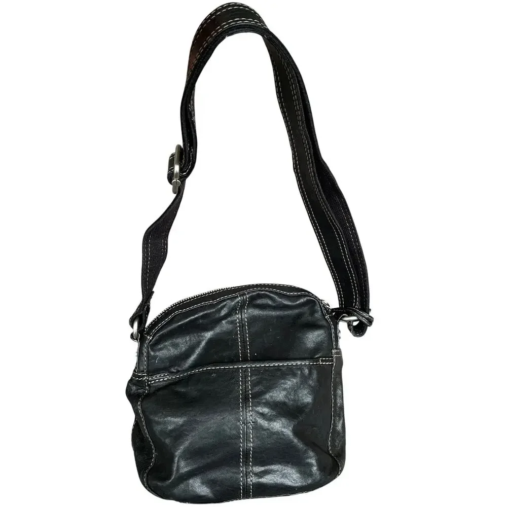 Vintage Fossil Black Leather Crossbody Bag Purse SOFT Shoulder 2 Zipper READ